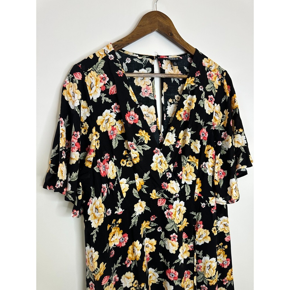 Torrid Floral Faux Wrap Challis Dress Flutter Sleeve Plus Size 1 1X Black Yellow - Picture 5 of 14